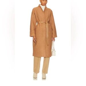 Heartloom Cozy Long Brown Tan Camel Textured Jacket with matching leather belt